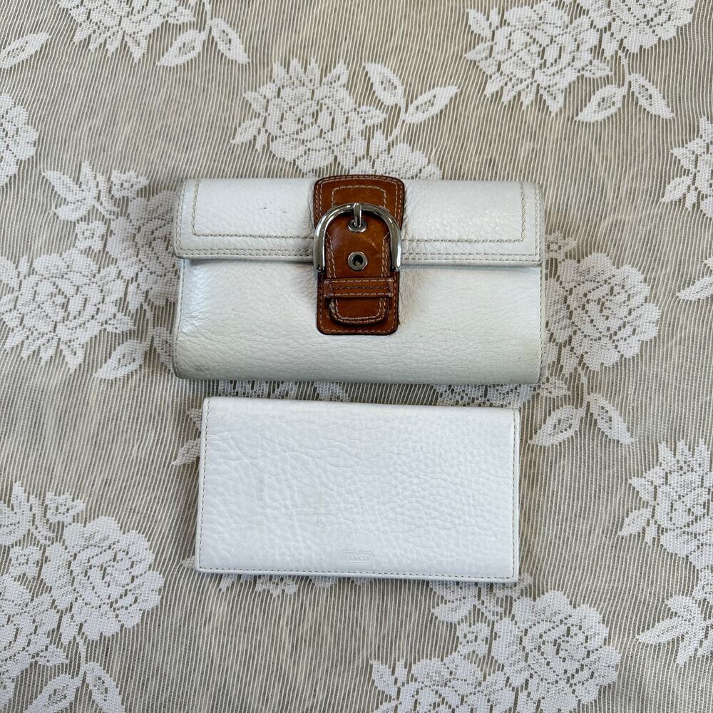 Vintage Coach White Leather Buckle Wallet + Checkbook Cover Set